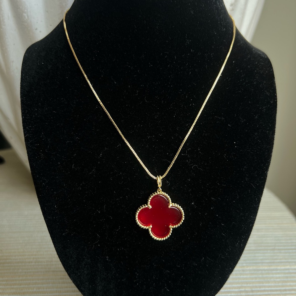 Gold and jelly Red Clover Pendant Necklace